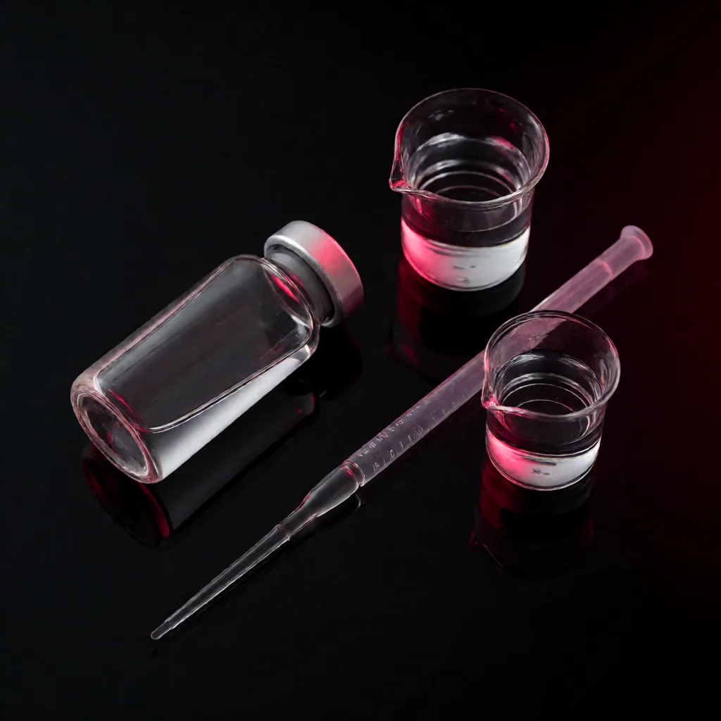 Vial de vidrio, pipeta y vasos de laboratorio con líquido transparente sobre superficie negra