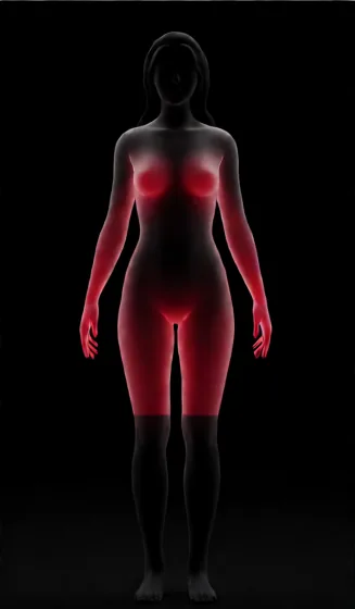 Ilustración 3D de una silueta humana con las zonas de aplicación resaltadas en rojo