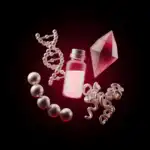 Estructuras científicas 3D (cadenas de esferas, cristal y proteínas) alrededor de un vial, en tonos rojos y blancos