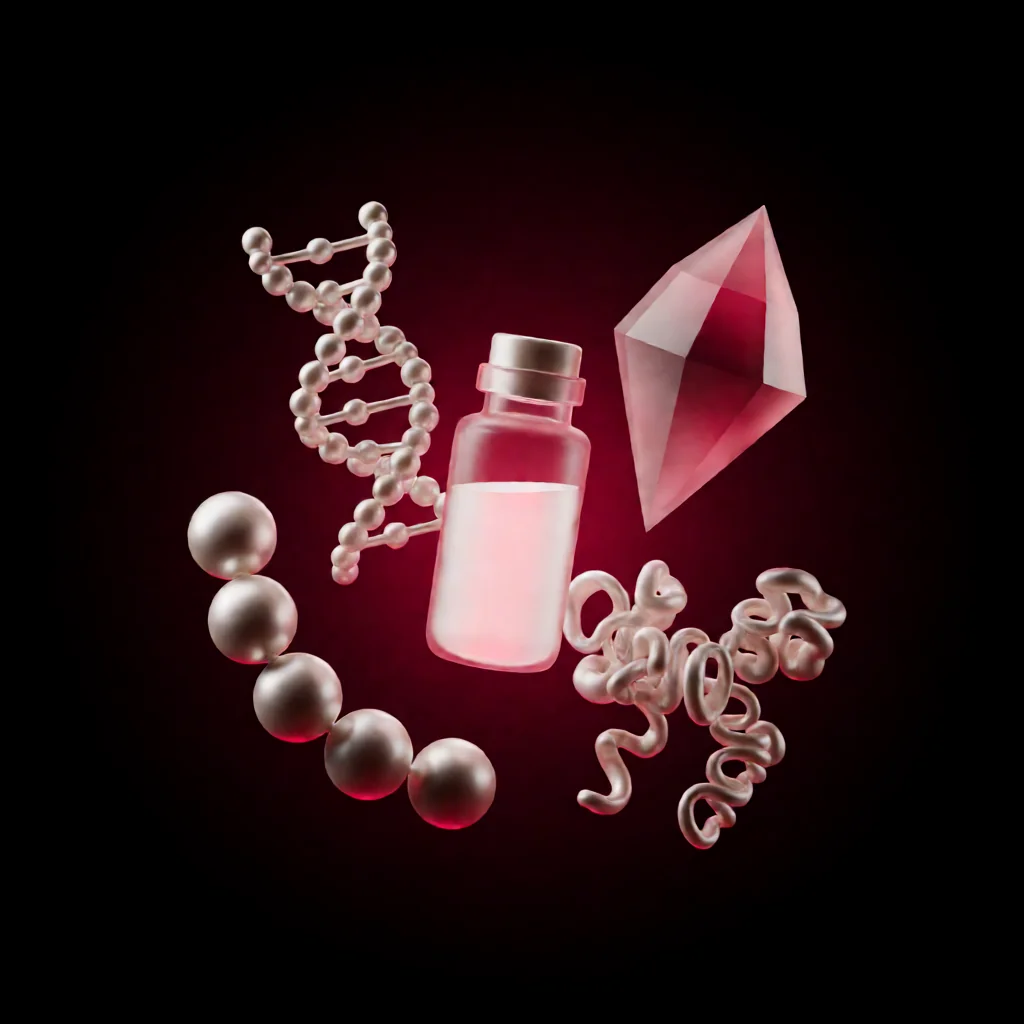 Estructuras científicas 3D (cadenas de esferas, cristal y proteínas) alrededor de un vial, en tonos rojos y blancos