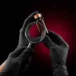 Manos con guantes oscuros inspeccionando un vial de vidrio ámbar con una lupa bajo luz roja