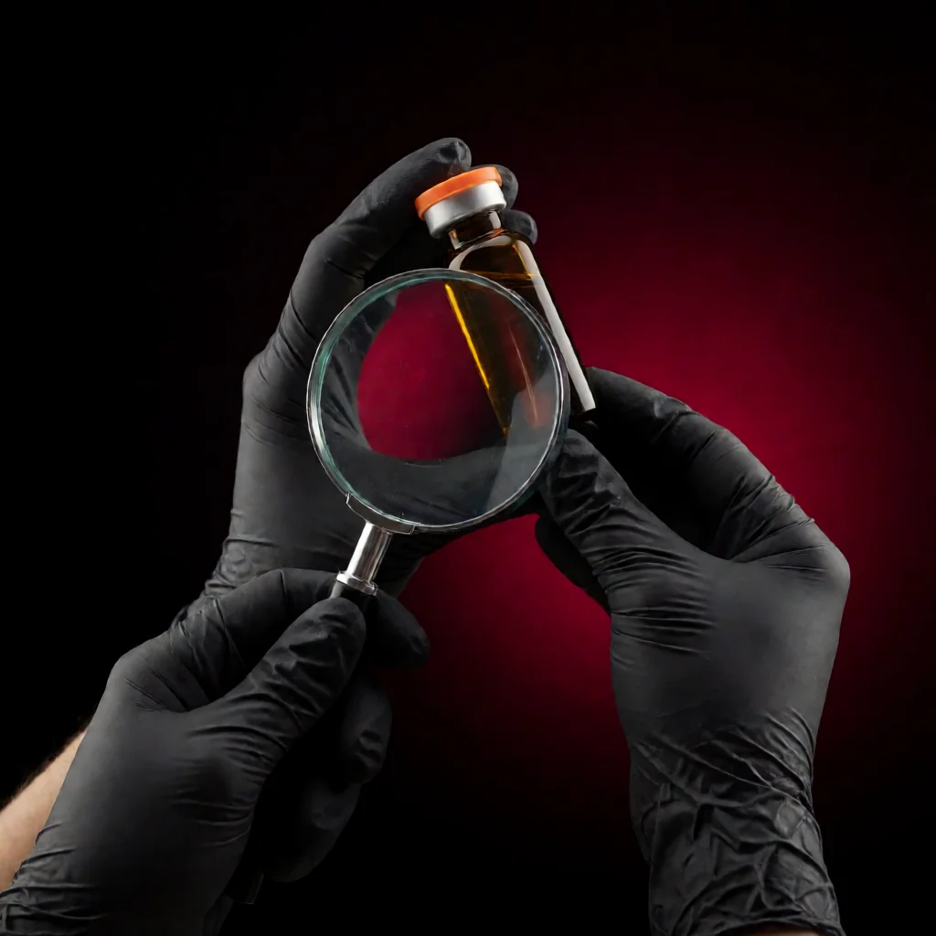 Manos con guantes oscuros inspeccionando un vial de vidrio ámbar con una lupa bajo luz roja