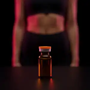 Vial de vidrio ámbar con tapa naranja sobre superficie negra reflectante con luz roja