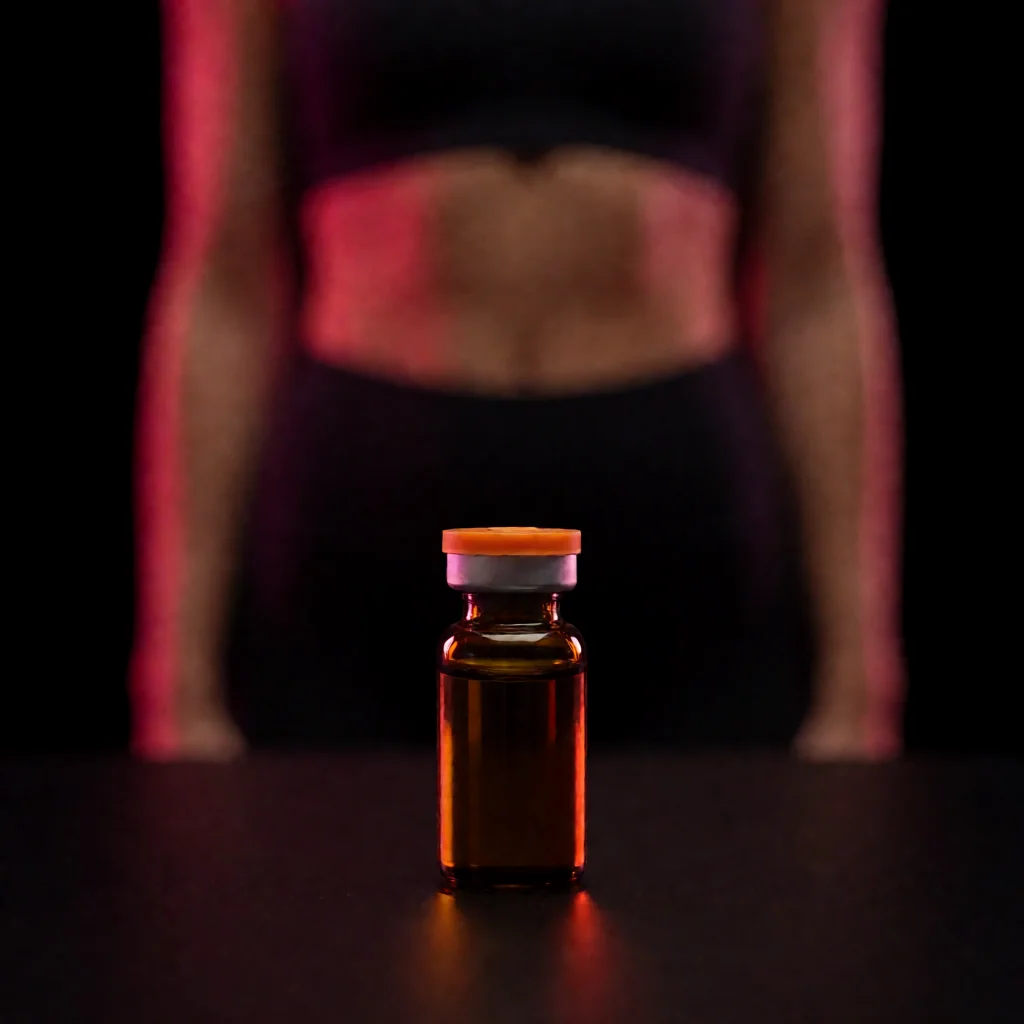Vial de vidrio ámbar con tapa naranja sobre superficie negra reflectante con luz roja
